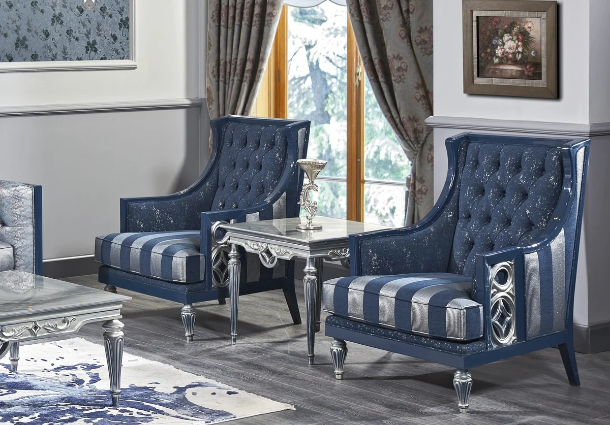 Casa Padrino conjunto de sala de estar barroco de lujo azul oscuro / azul claro / plata - Sof¨¢ y 2 Sillones y Mesa de Centro - Muebles de Sal¨®n Barrocos