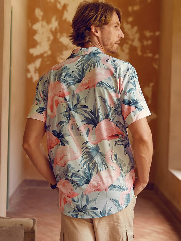 Men's Printed Casual Breathable Flamigo Short Sleeve Hawaiian Shirt