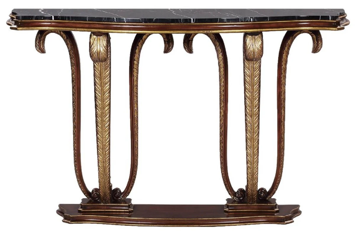 Casa Padrino consola barroco de lujo marr¨®n / oro / negro 145 x 42 x A. 90 cm - Consola de caoba con plumas decorativas talladas a mano y tapa de m¨¢rmol - Muebles nobles de estilo barroco