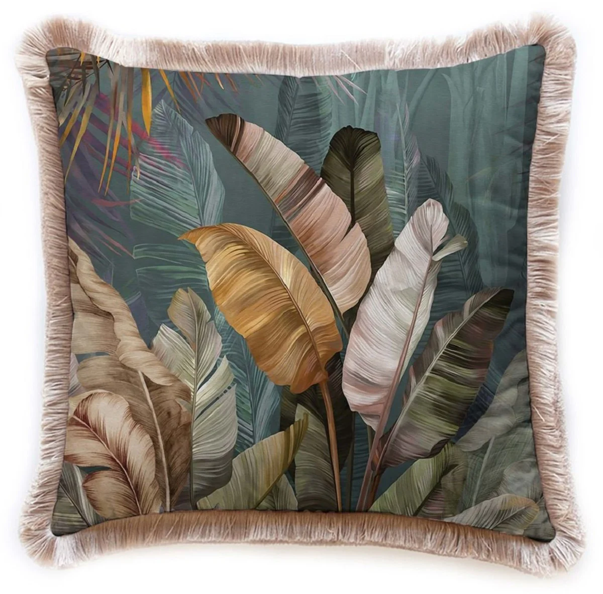 Casa Padrino cojín decorativa de lujo arbustos multicolor / marrón 45 x 45 cm - Almohada de terciopelo estampado con flecos - Accesorios decorativos de lujo