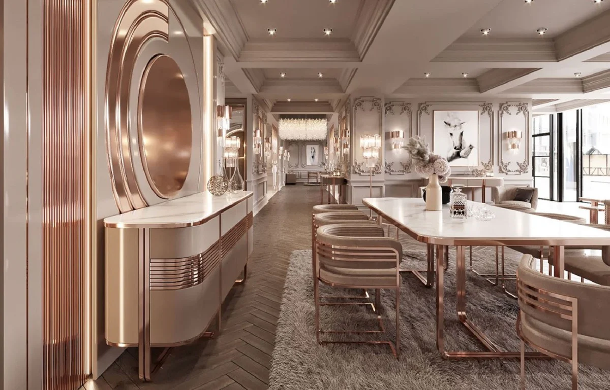 Casa Padrino conjunto de sillas de comedor de lujo con reposabrazos gris / cobre 58 x 51 x A. 76 cm - Conjunto de 8 sillas de cocina - Muebles de comedor - Muebles de restaurante - Muebles de lujo