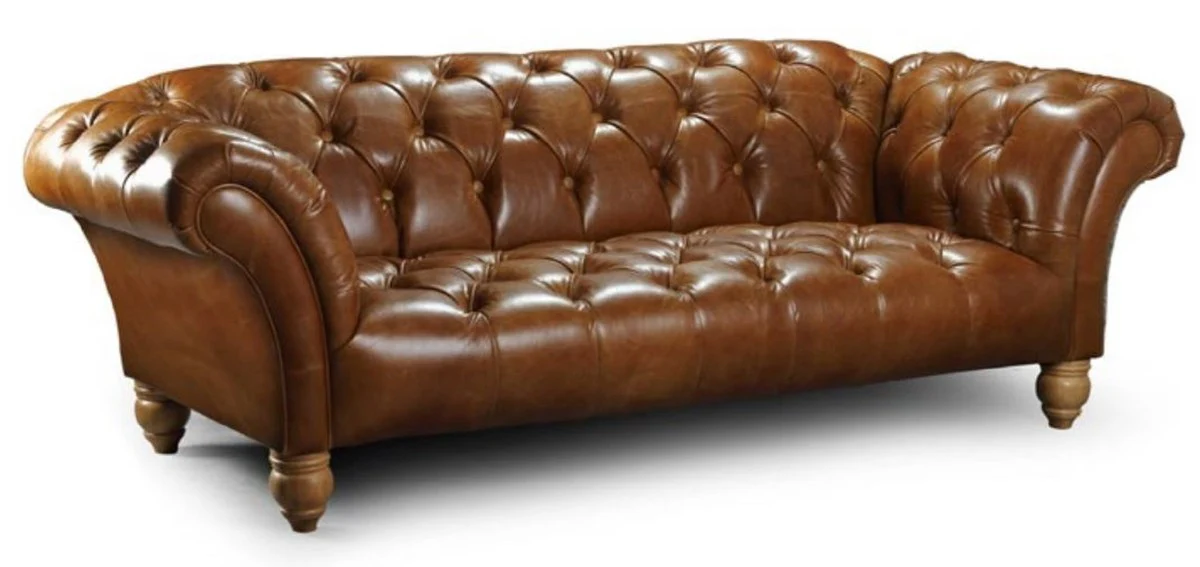 Casa Padrino sof¨¢ de 3 plazas de cuero Chesterfield de lujo marr¨®n 225 x 110 x A. 77 cm - Sof¨¢ de sal¨®n de cuero aut¨¦ntico - Muebles de Sal¨®n Chesterfield