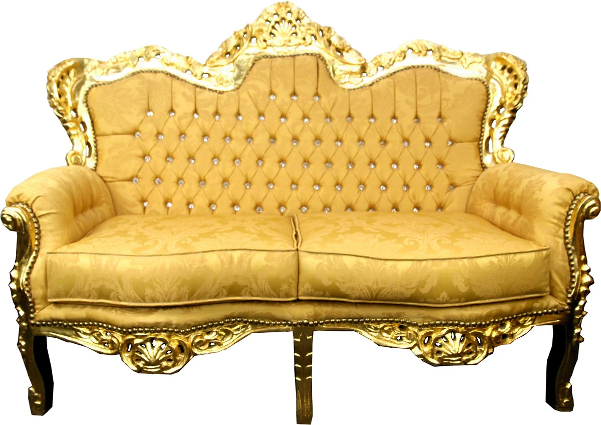 Sof¨¢ de 2 plazas barroco Casa Padrino Patr¨®n dorado / Oro con diamantes de imitaci¨®n Bling Bling - Muebles de sal¨®n de estilo antiguo