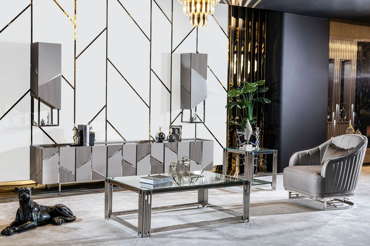 Casa Padrino mesa de centro de lujo plata 120 x 80 x A. 45 cm - Mesa de sal¨®n rectangular con tapa de vidrio - Muebles de sal¨®n de lujo - Muebles de hotel de lujo