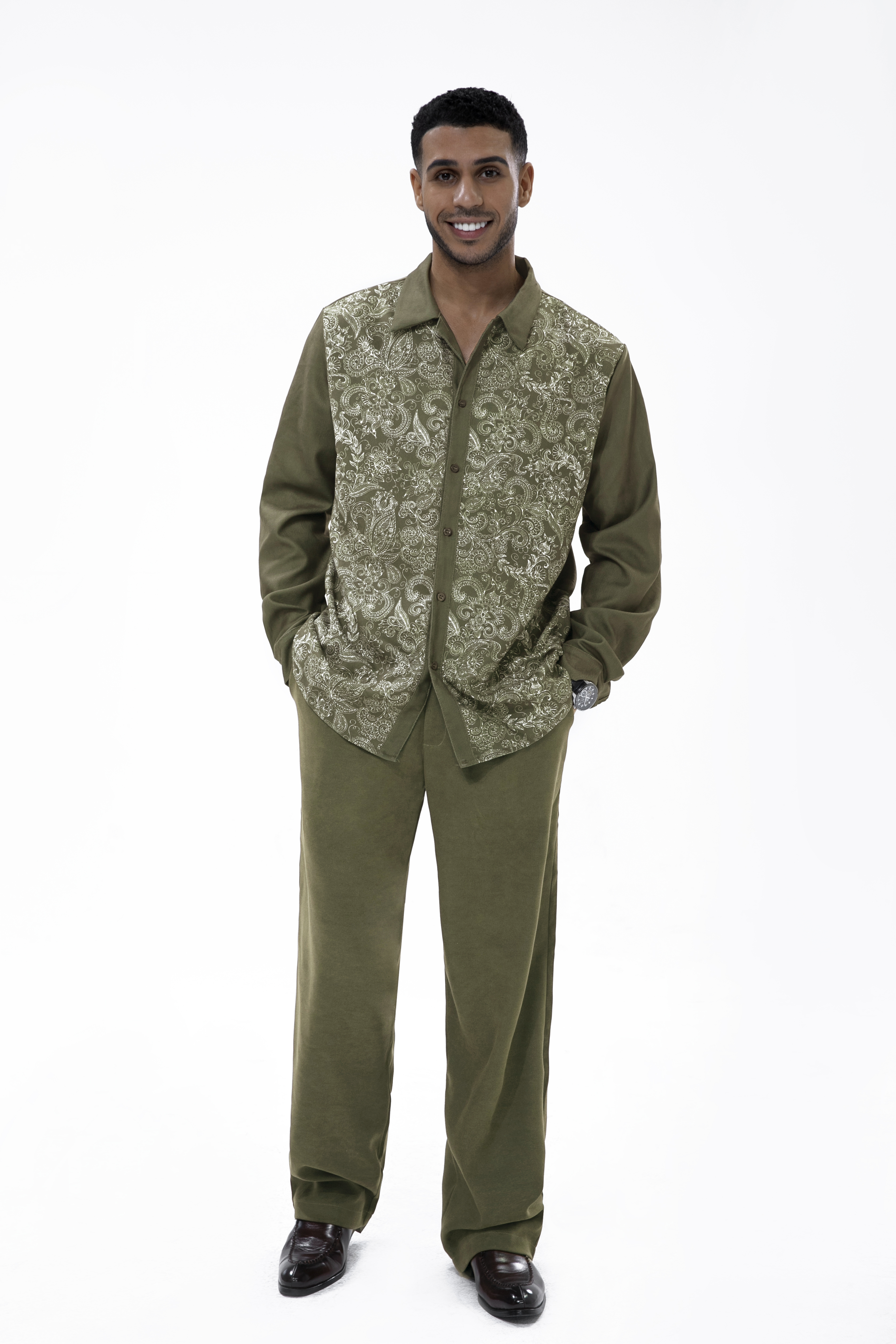 Suitmens Long Sleeve Trousers Green Cashew Blossom Two-Piece Walking Set