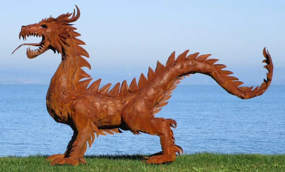 Casa Padrino escultura de decoración de jardín de lujo dragón óxido 290 x 75 x A. 177 cm - Enorme figura decorativa de acero - Figura de Jardín - Decoración de Jardín de Hotel