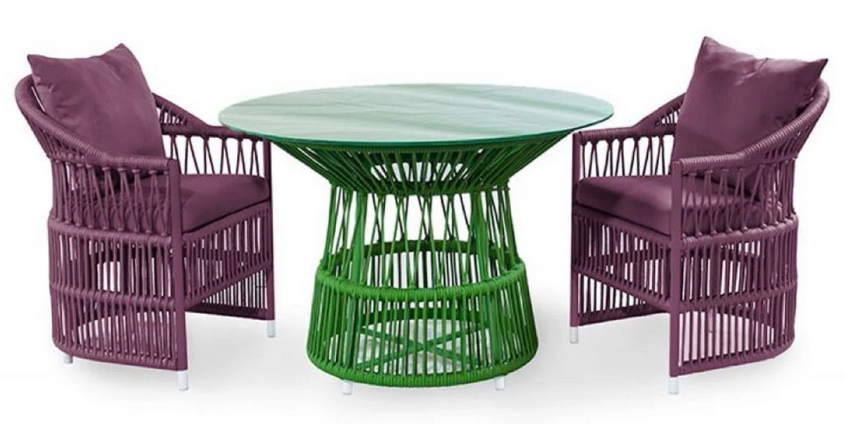 Casa Padrino mesa de jardín de lujo verde Ø 110 x A. 75 cm - Mesa de comedor resistente a la intemperie tejida a mano con tapa de vidrio - Muebles de Jardín y Terraza