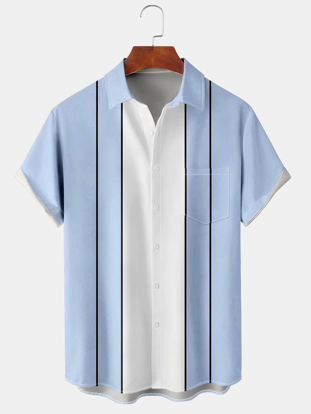 Mens Striped Front Buttons Soft Breathable Chest Pocket Casual Bowling Shirt