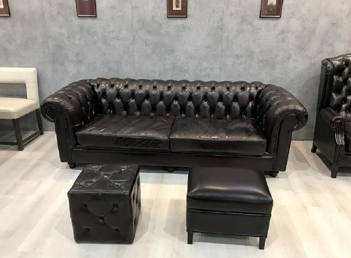 Casa Padrino Taburete de Cuero Chesterfield de Lujo Negro Vintage 40 x 40 x A. 45 cm - Reposapi¨¦s de Cuero - Taburete Cubo de Cuero - Muebles de Cuero Genuina - Muebles de Lujo
