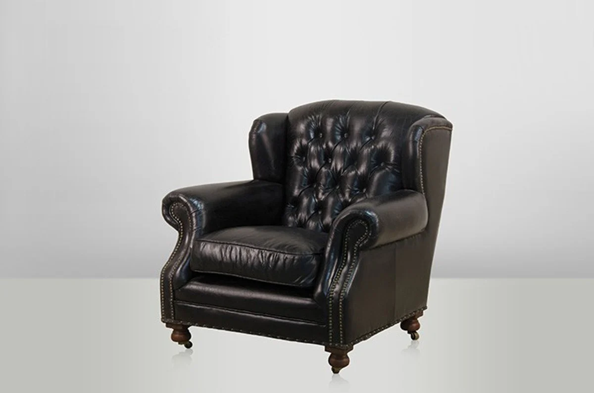 Chesterfield luxury leather wing chair Adringley Vintage Leather Ebony Casa Padrino - club chairs