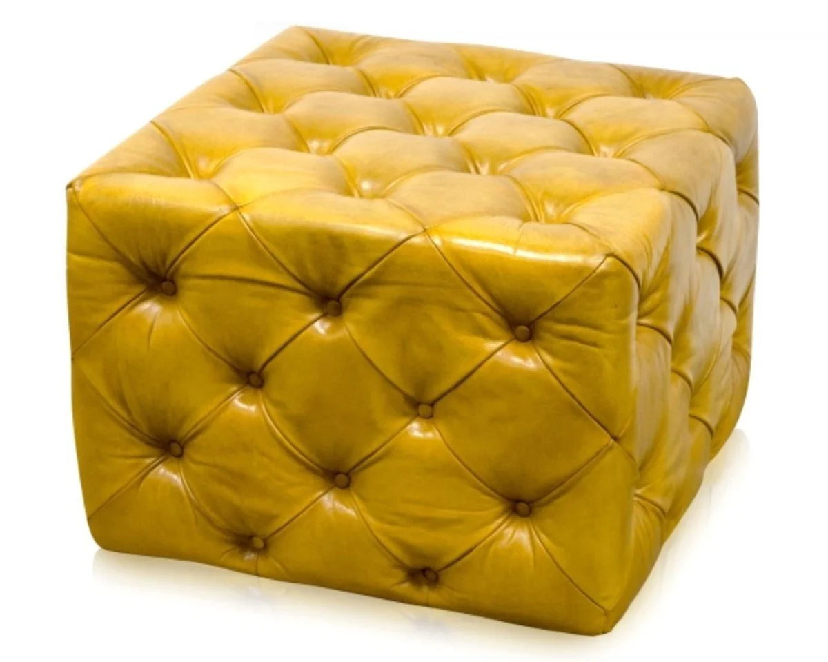 Casa Padrino reposapi¨¦s de cuero genuino de lujo vintage amarillo 64 x 64 x H. 46 cm - Muebles Chesterfield