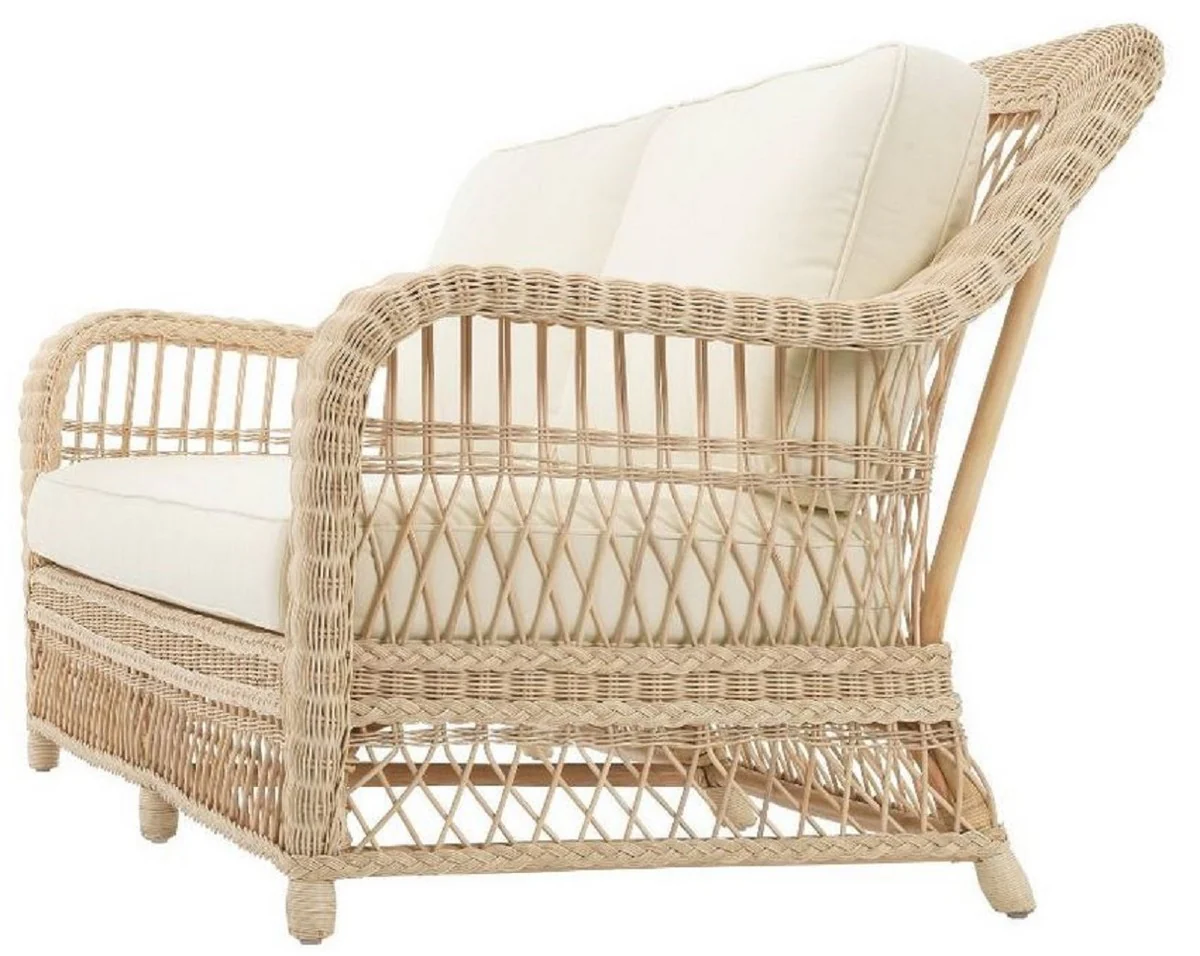 Casa Padrino sof¨¢ de sala de estar de lujo con cojines natural / crema 202 x 99 x A. 97 cm - Sof¨¢ Tapizado con Trenzado de Rat¨¢n Tejido a Mano