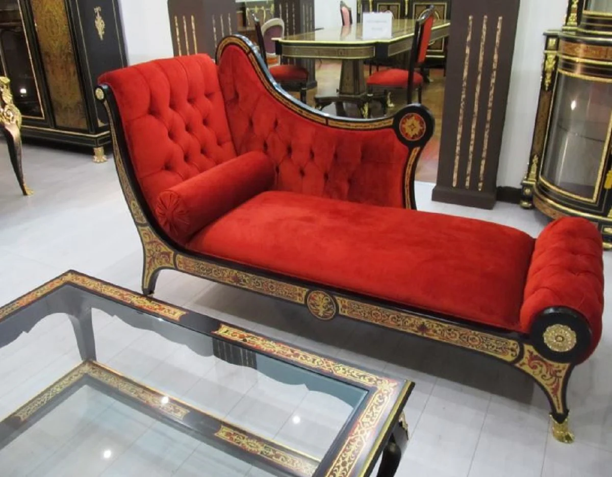 Casa Padrino chaise longue boulle barroco de lujo rojo / negro / oro 180 x 75 x A. 106 cm - Chaise longue de madera maciza hecha a mano con tela de terciopelo noble - Muebles Barrocos - Calidad de Lujo