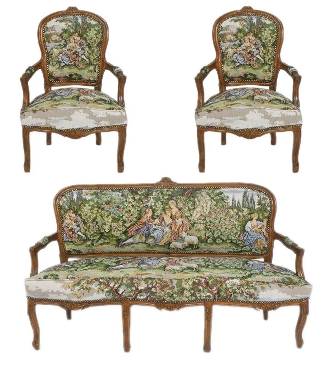 Casa Padrino Conjunto de banco barroco tapiz / marr¨®n - 1 sof¨¢ + 2 sillones