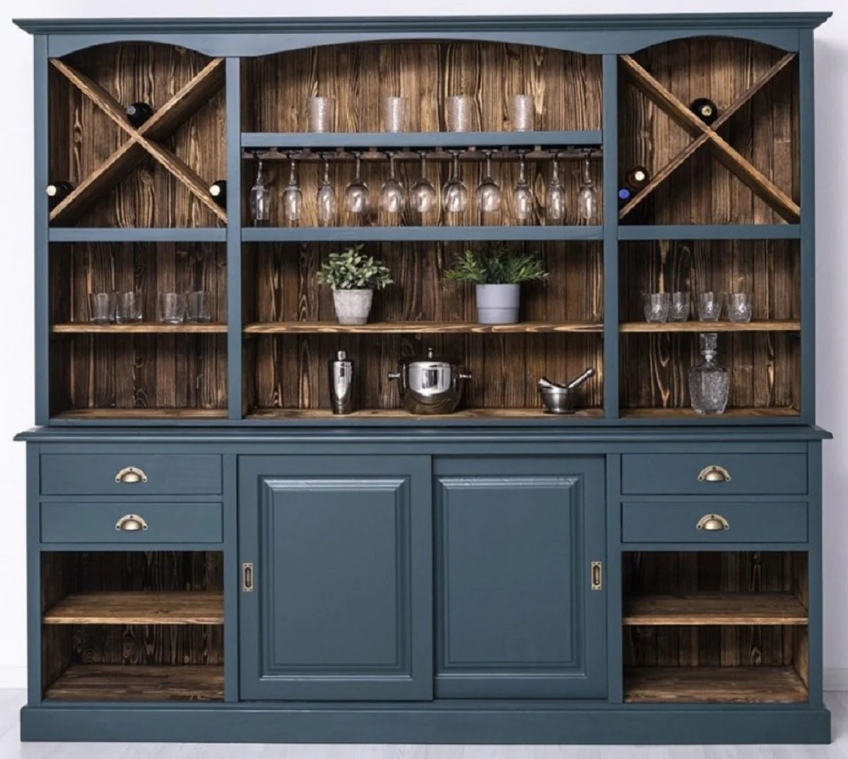 Casa Padrino gabinete bar de estilo campestre azul / marr¨®n oscuro 240 x 50 x A. 210 cm - Gabinete para vinos de madera maciza de estilo campestre - Muebles de bar de estilo campestre