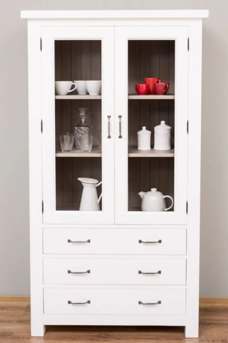 Casa Padrino armario de cocina de estilo campestre blanco / gris 100 x 50 x A. 180 cm - Vitrina de madera maciza con 2 puertas de vidrio y 3 cajones - Muebles de cocina de estilo campestre