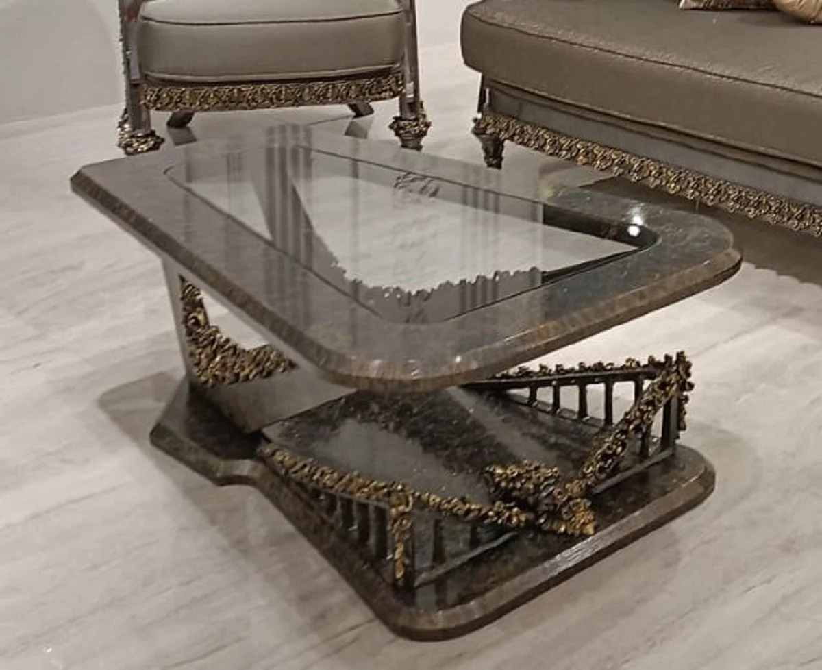 Casa Padrino mesa de centro barroco de lujo con placa de vidrio gris / oro - Mesa de sal¨®n rectangular de estilo barroco - Muebles barrocos - Muebles de lujo en estilo barroco