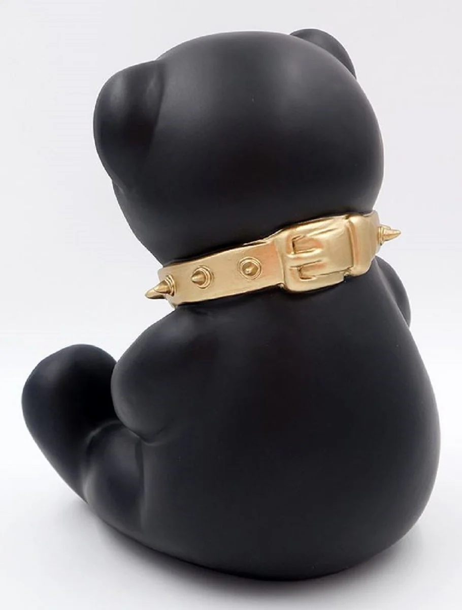 Casa Padrino figura decorativa de diseño de lujo oso de peluche con collar negro / oro A. 31 cm - Escultura decorativa de resina - Figura decorativa de lujo - Figura decorativa de diseño