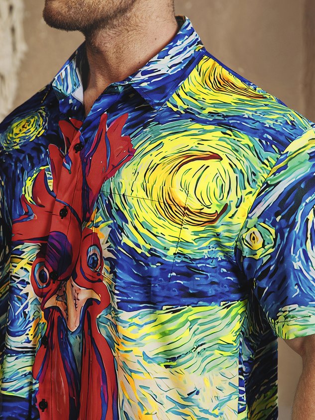 Rooster Chest Pocket Short Sleeve Casual Shirt