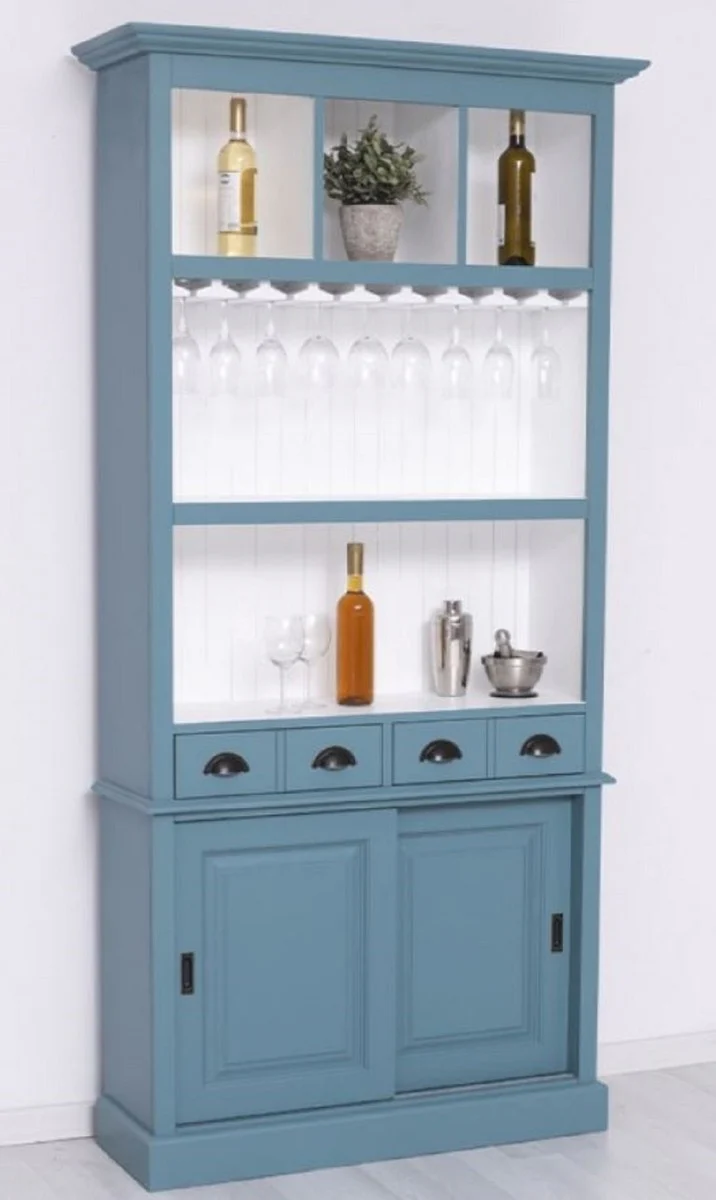 Casa Padrino armario de bar de madera maciza de estilo campestre azul / blanco 103 x 36 x A. 210 cm - Gabinete de vino de madera maciza estilo campestre - Mueble bar de estilo campestre
