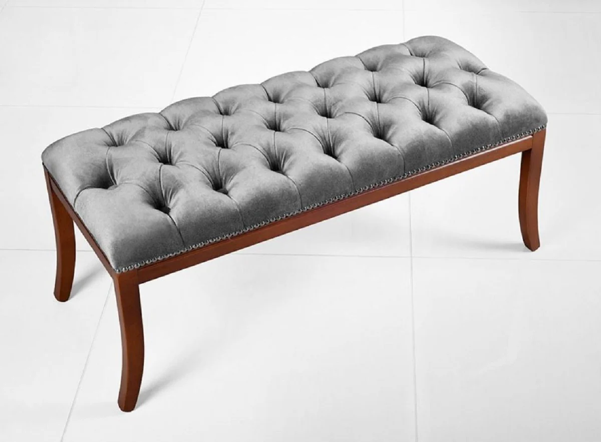 Casa Padrino Banco Biedermeier de Lujo Gris / Marrón 89 x 38 x A. 36 cm - Banco de Salón Tapizado - Banco de Dormitorio - Muebles de Salón - Muebles de Dormitorio - Muebles Biedermeier