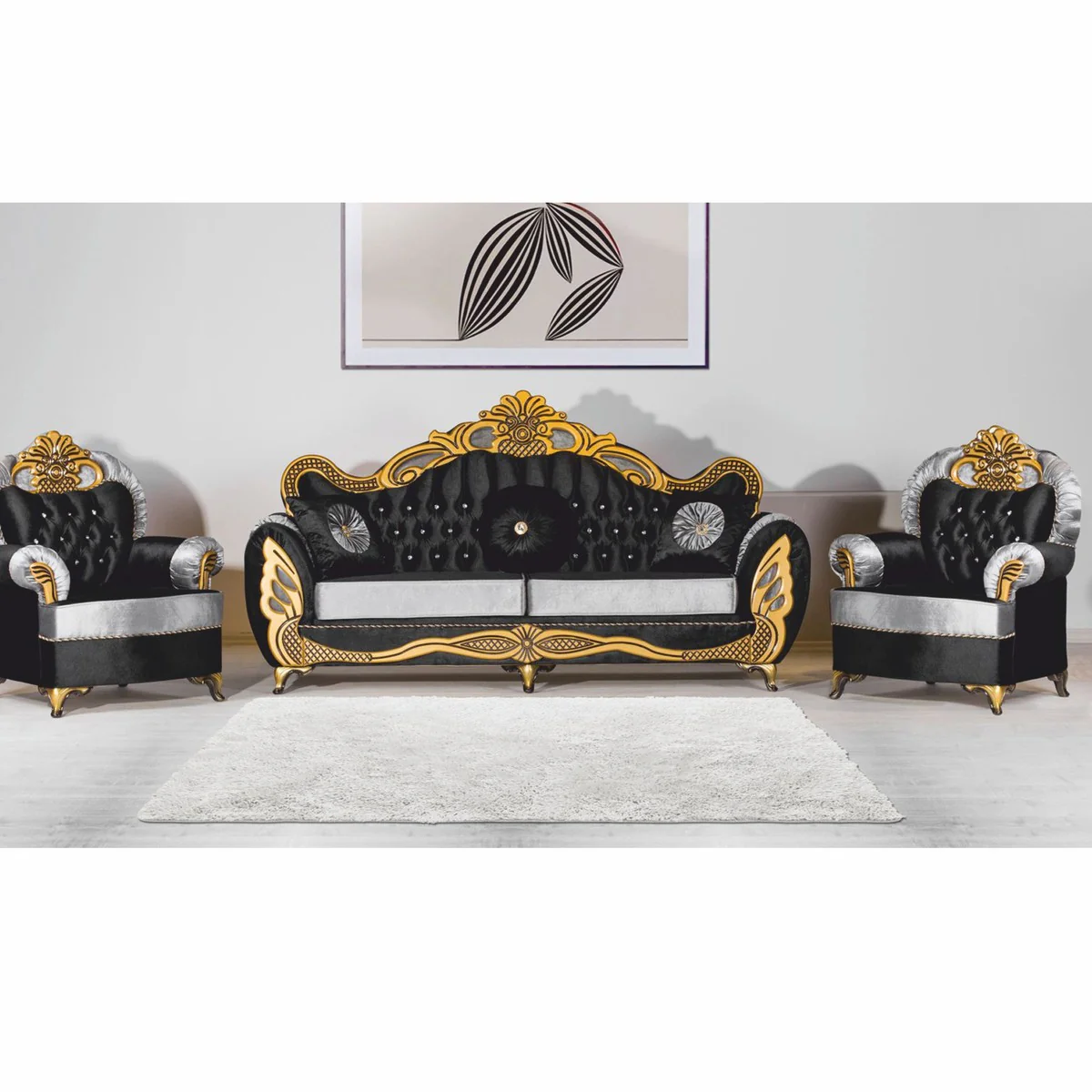 Casa Padrino sill¨®n barroco de lujo con pedrer¨ªa negro / plata / oro - Muebles de estilo barroco