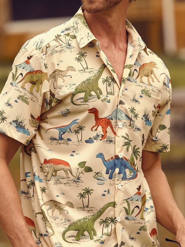 Dinosaur Chest Pocket Short Sleeve Hawaiian Shirt