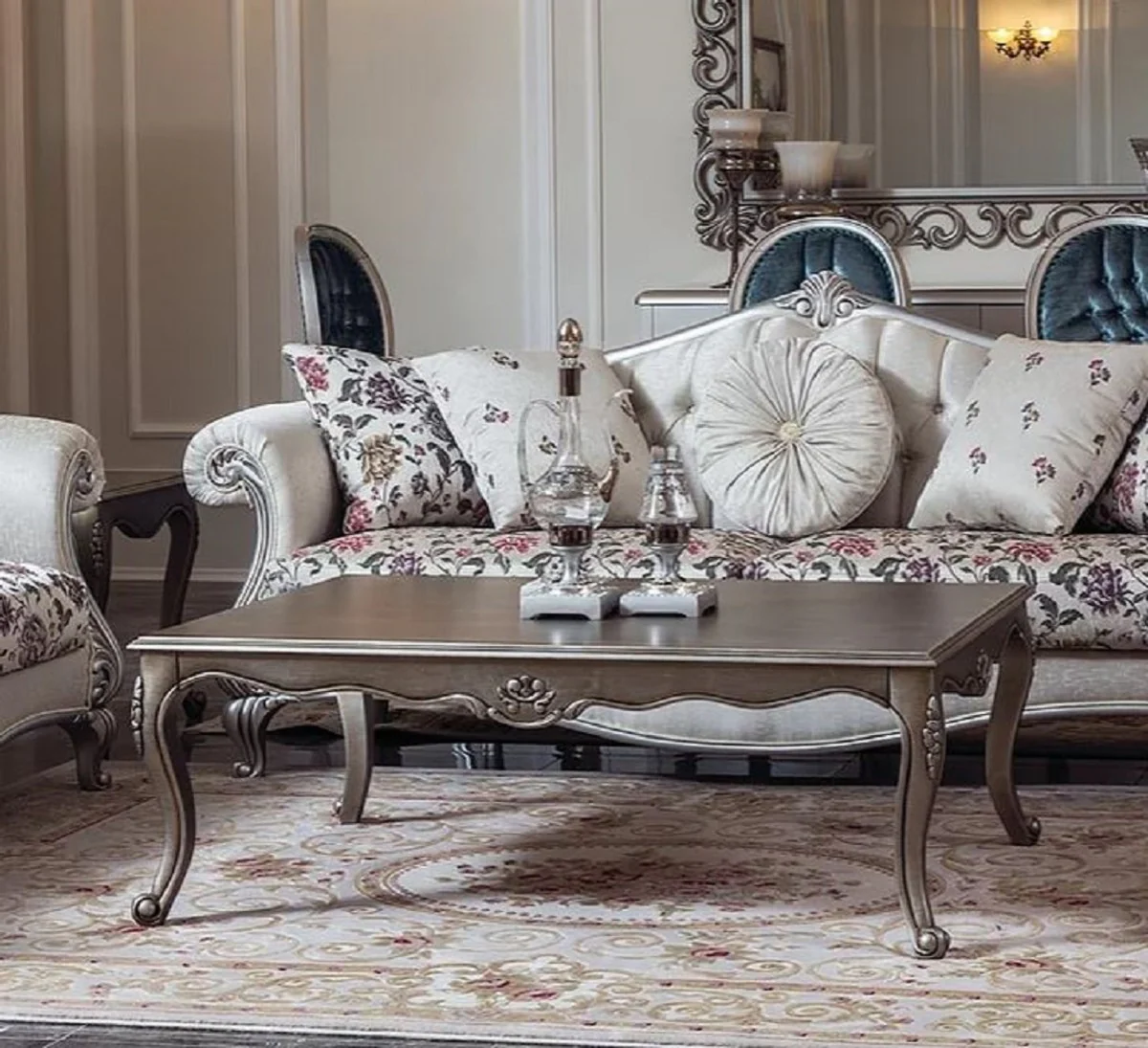 Casa Padrino mesa de centro barroco de lujo plata 126 x 90 x A. 45 cm - Mesa de sal¨®n rectangular de madera maciza de estilo barroco - Muebles de sal¨®n barrocos