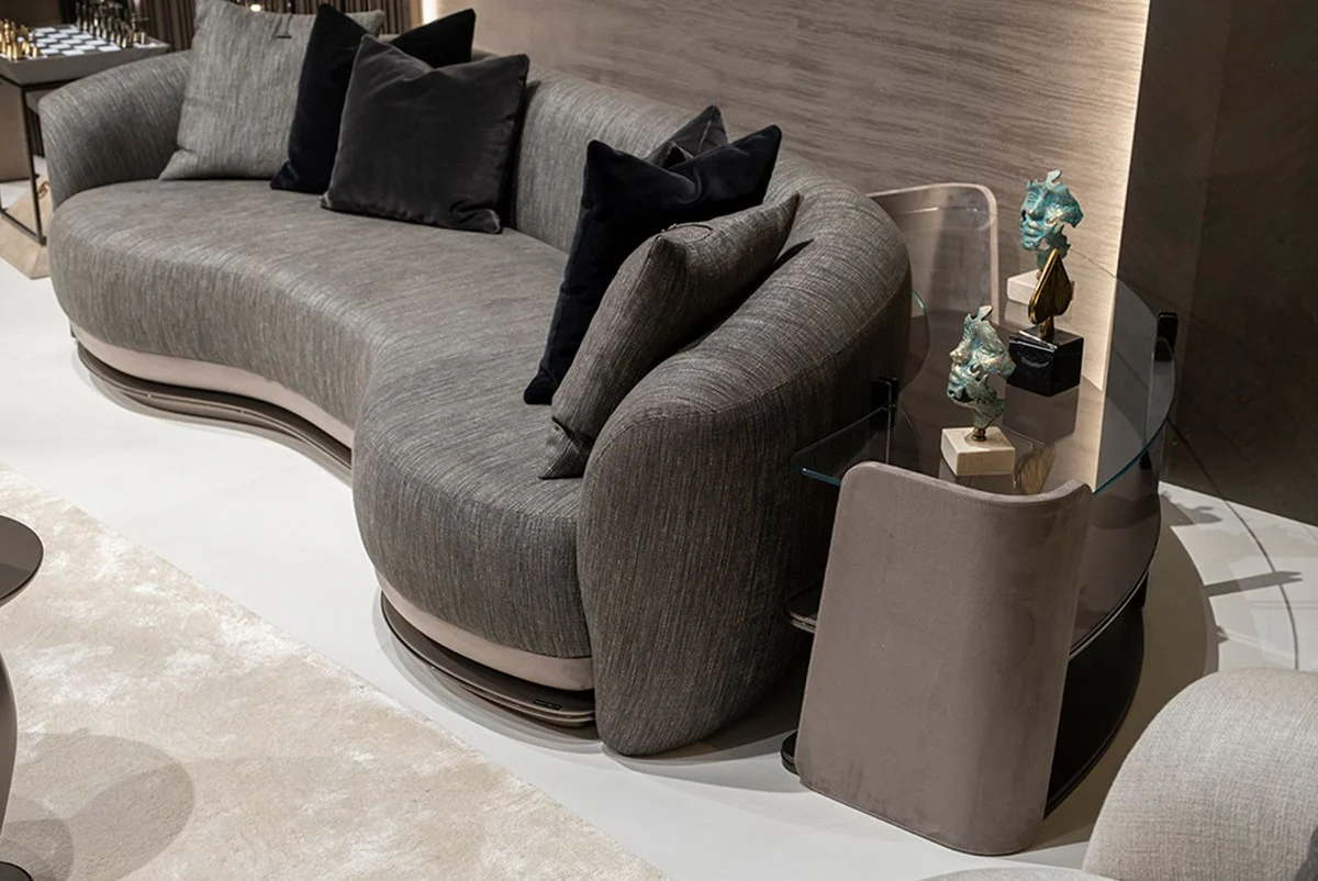 Casa Padrino armario de estanter¨ªa de lujo gris / marr¨®n oscuro / bronce 141,45 x 105,41 x A. 61,5 cm - Armario curvo con tapa de vidrio - Muebles de sal¨®n - Muebles de hotel - Muebles de lujo