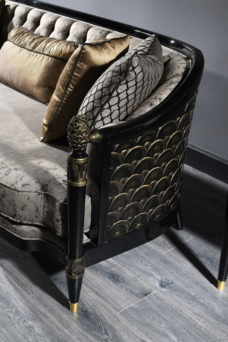 Casa Padrino Sof¨¢ Chesterfield Barroco de Lujo Plata Gris / Negro / Oro 231 x 94 x H. 83 cm - Muebles de Sal¨®n Barrocos