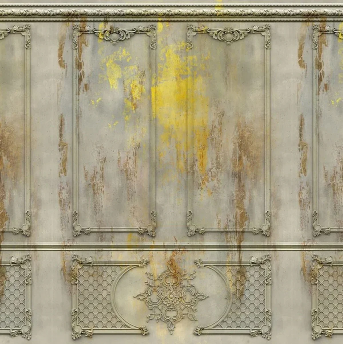 Casa Padrino papel pintado no tejido barroco de lujo gris antiguo / amarillo / marrón - Papel pintado de salón de estilo barroco con patrón estuco elegante - Decoración de salón barroco