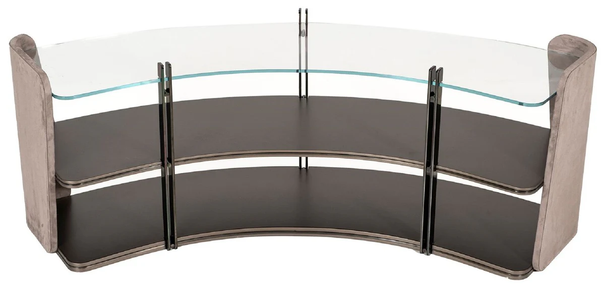 Casa Padrino armario de estanter¨ªa de lujo gris / marr¨®n oscuro / bronce 141,45 x 105,41 x A. 61,5 cm - Armario curvo con tapa de vidrio - Muebles de sal¨®n - Muebles de hotel - Muebles de lujo