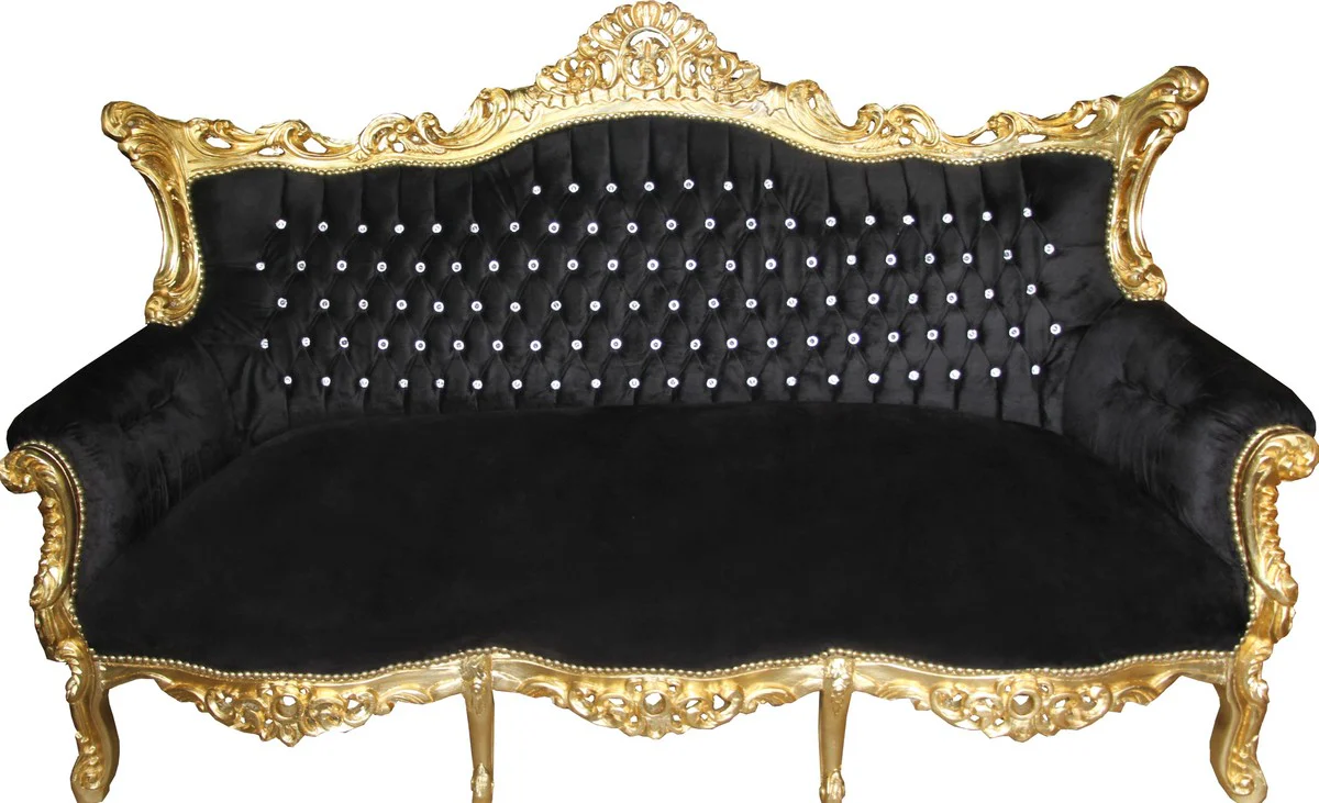 Casa Padrino Baroque 3 seater Master Black / Gold with Bling Bling diamante - Living room furniture Coffee Lounge