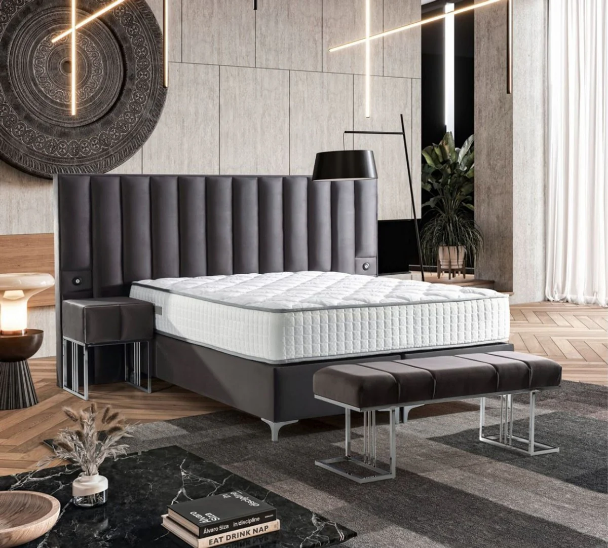 Casa Padrino cama doble de lujo gris / plata - Varios Tamaños - Cama de madera maciza con cabecero y colchón - Muebles de dormitorio - Muebles para hoteles - Muebles de lujo
