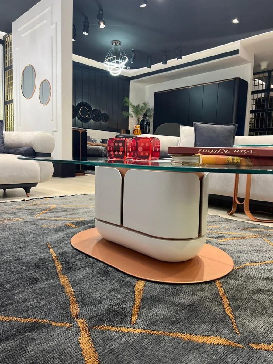 Casa Padrino mesa de centro de lujo blanco / cobre 150 x 80 x A. 40 cm - Mesa de sal¨®n con tapa de vidrio - Muebles de sal¨®n - Muebles de hotel - Muebles de lujo - Interiores de lujo