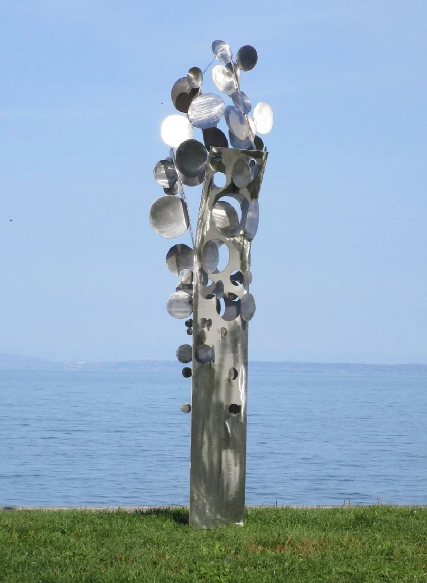 Casa Padrino escultura de jardín de acero inoxidable de diseño Árbol de monedas plata 75 x 70 x A. 260 cm - Decoración de jardín hecha a mano resistente a la intemperie