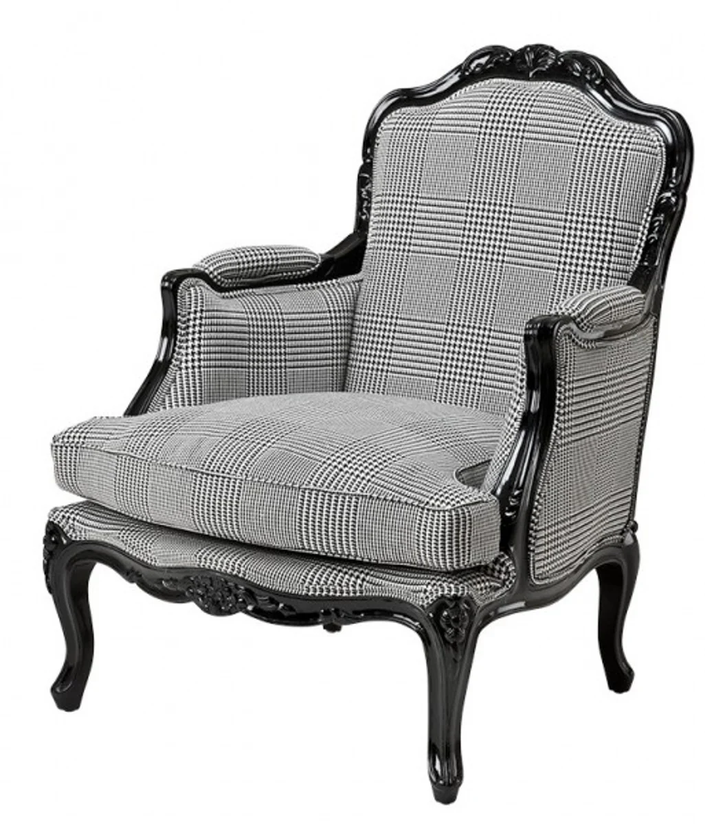 Casa Padrino luxury lounge chair Baroque Black / Grey Plaid