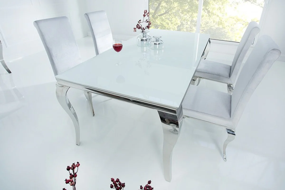 Mesa de comedor de diseño Casa Padrino 180 cm Blanco / Plateado - Modern Baroque