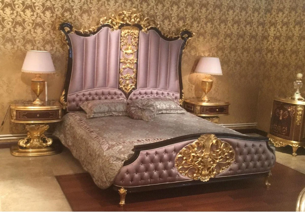 Casa Padrino conjunto de dormitorio barroco de lujo rosa / marrón oscuro / oro - 1 Cama Doble con Cabecera y 2 Mesitas de Noche - Muebles de dormitorio de alta calidad en estilo barroco