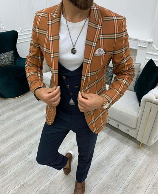 Plaid Chest Pocket Lapel Collar Single Breasted Blazer