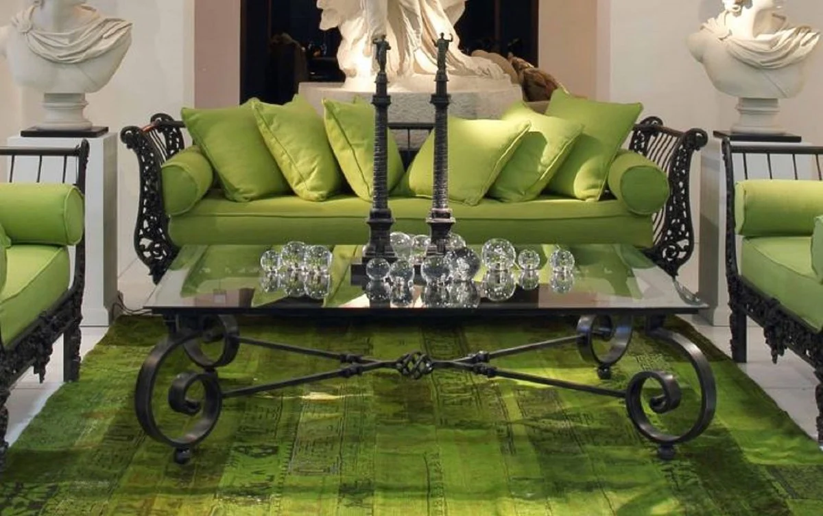 Casa Padrino mesa de centro barroco de lujo negro 136 x 106 x A. 42 cm - Mesa de jard¨ªn de hierro forjado a mano con tapa de vidrio - Muebles de sal¨®n barrocos - Muebles de jard¨ªn barrocos