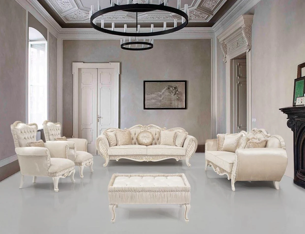 Casa Padrino conjunto de sala de estar barroco de lujo beige / crema / oro - 2 Sof¨¢s y 2 Sillones y 1 Mesa Auxiliar - Muebles de sala en estilo barroco - Noble y Adornado