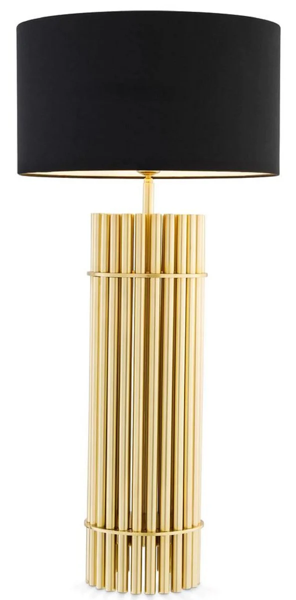 Casa Padrino lámpara de mesa de lujo latón / negro Ø 45 x A. 96,5 cm - Lámpara de escritorio moderna con pantalla redonda - Calidad de Lujo