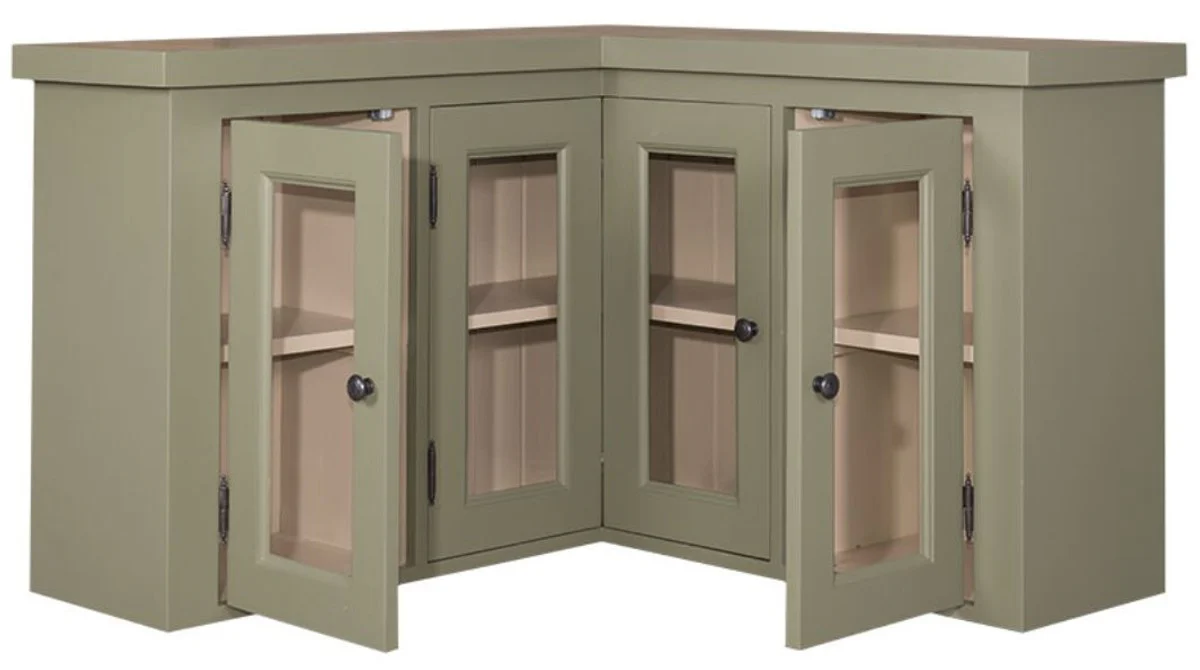 Casa Padrino armario de cocina armario de esquina de estilo country verde / beige 98 x 98 x H. 65 cm - Armario de Pared de Estilo Country con 3 Puertas de Vidrio
