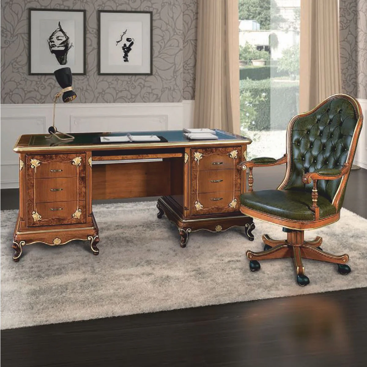 Casa Padrino Escritorio Barroco de Lujo Marr¨®n / Oro / Verde 180 cm - Hecho en Italia