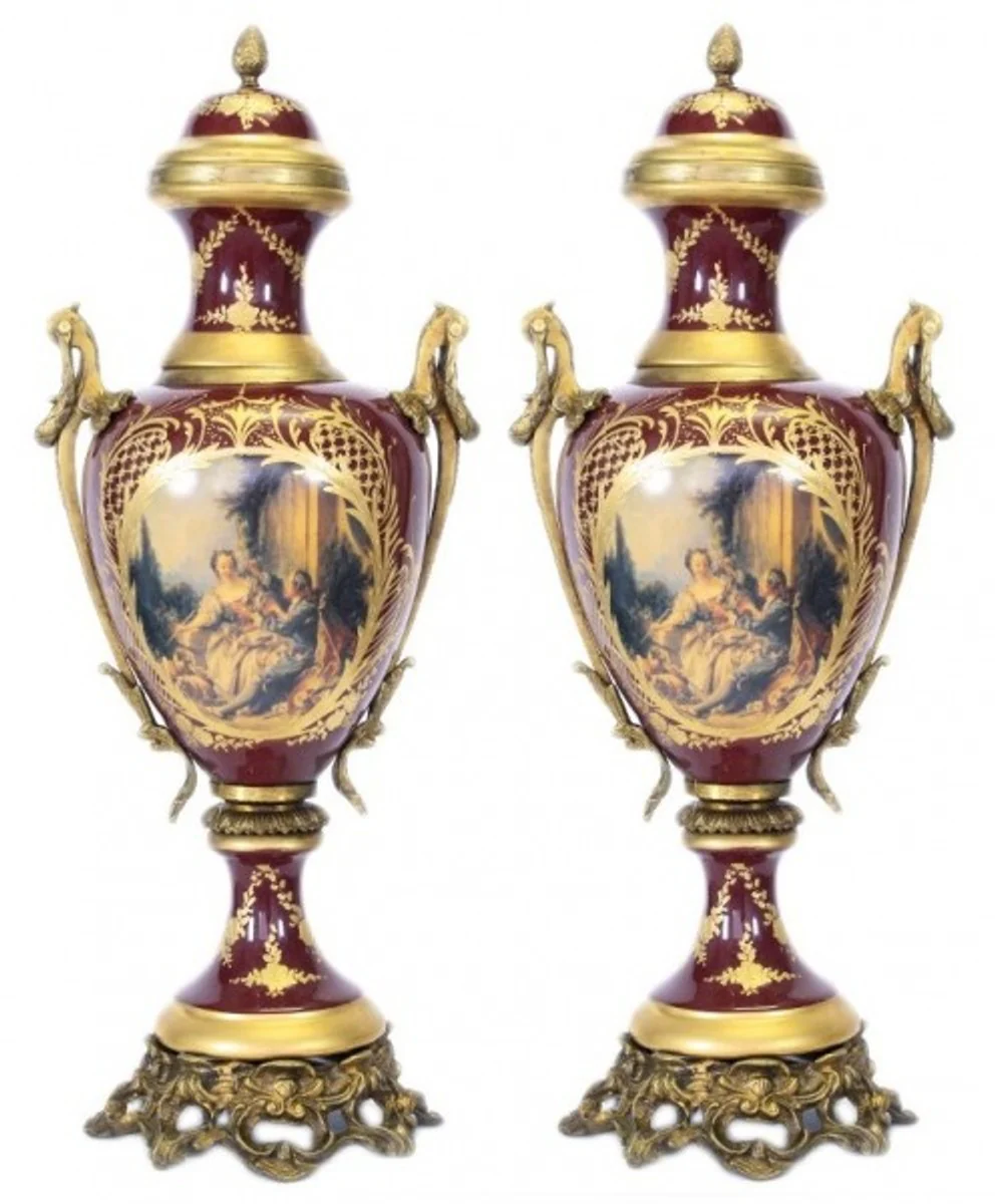 Casa Padrino Baroque Porcelain Cup Set Bordeaux Red / Gold B26 H63 cm (2 pieces) - Grand Decor - Hotel Decoration