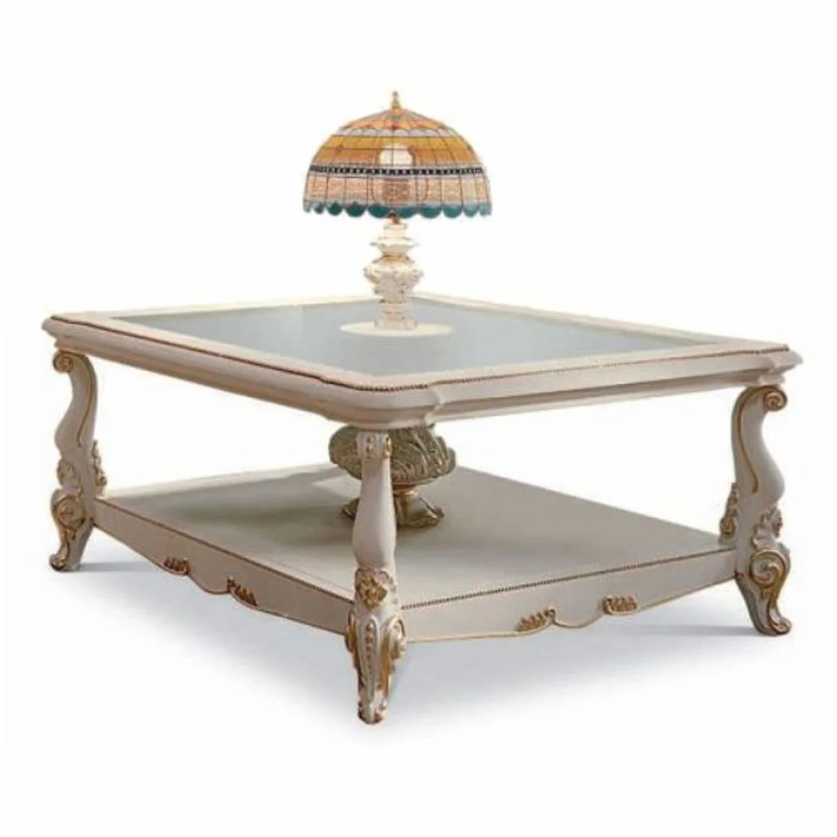 Casa Padrino mesa de centro barroco de lujo con l¨¢mpara de mesa Tiffany blanco / oro 110 cm - Hecho en Italia