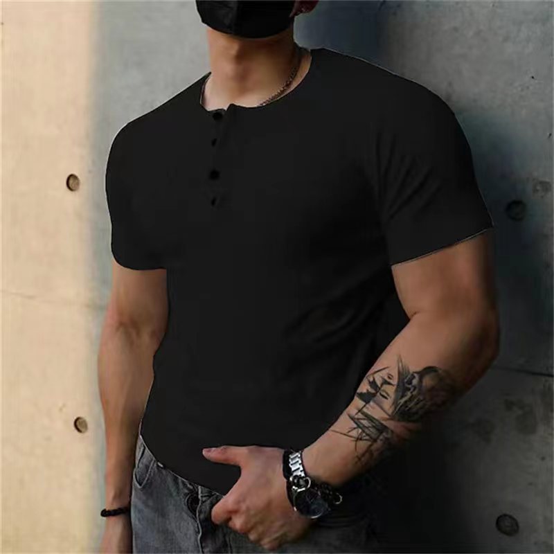 Men's Slim Simple Casual Round Neck Plain Henley T-Shirt