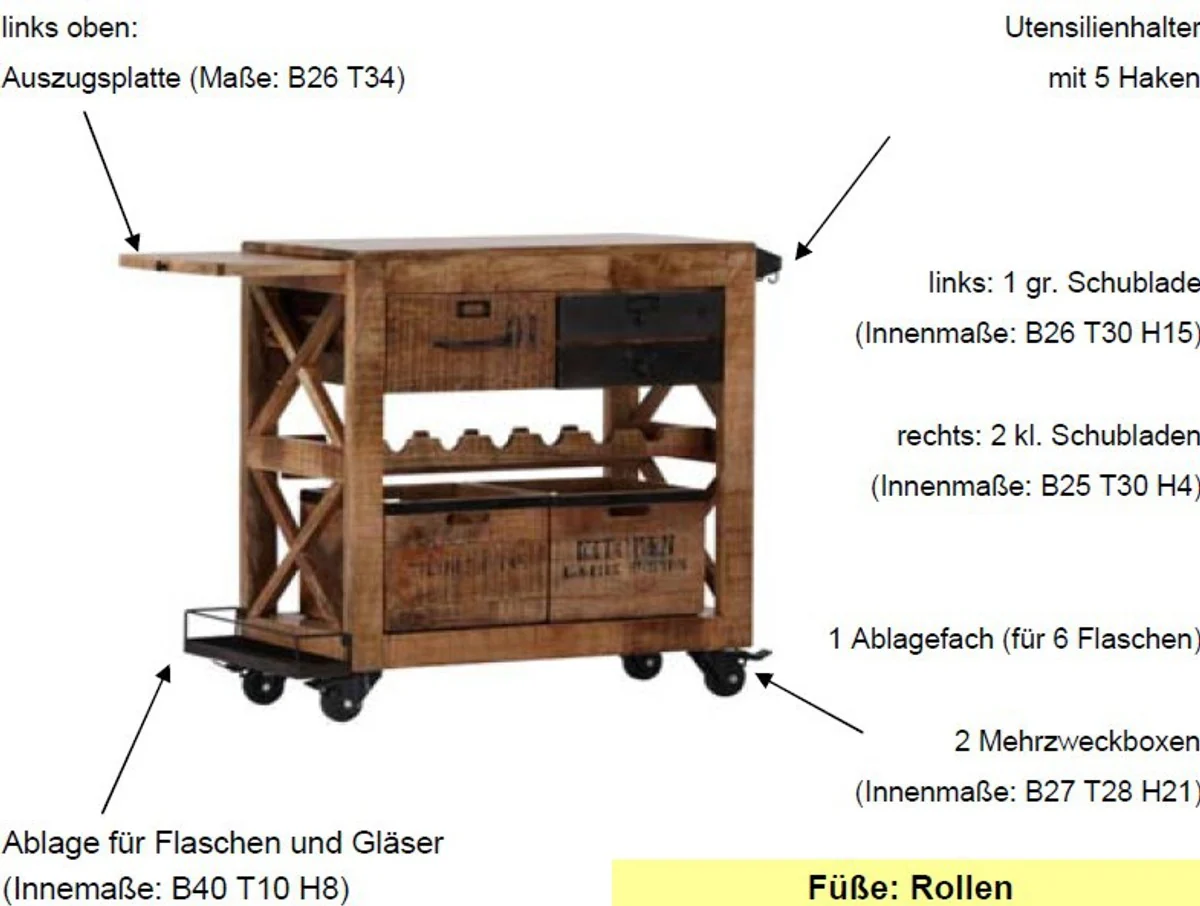 Casa Padrino Bar Trolley Serving mango hardwood - Hotel & Restaurant Furniture
