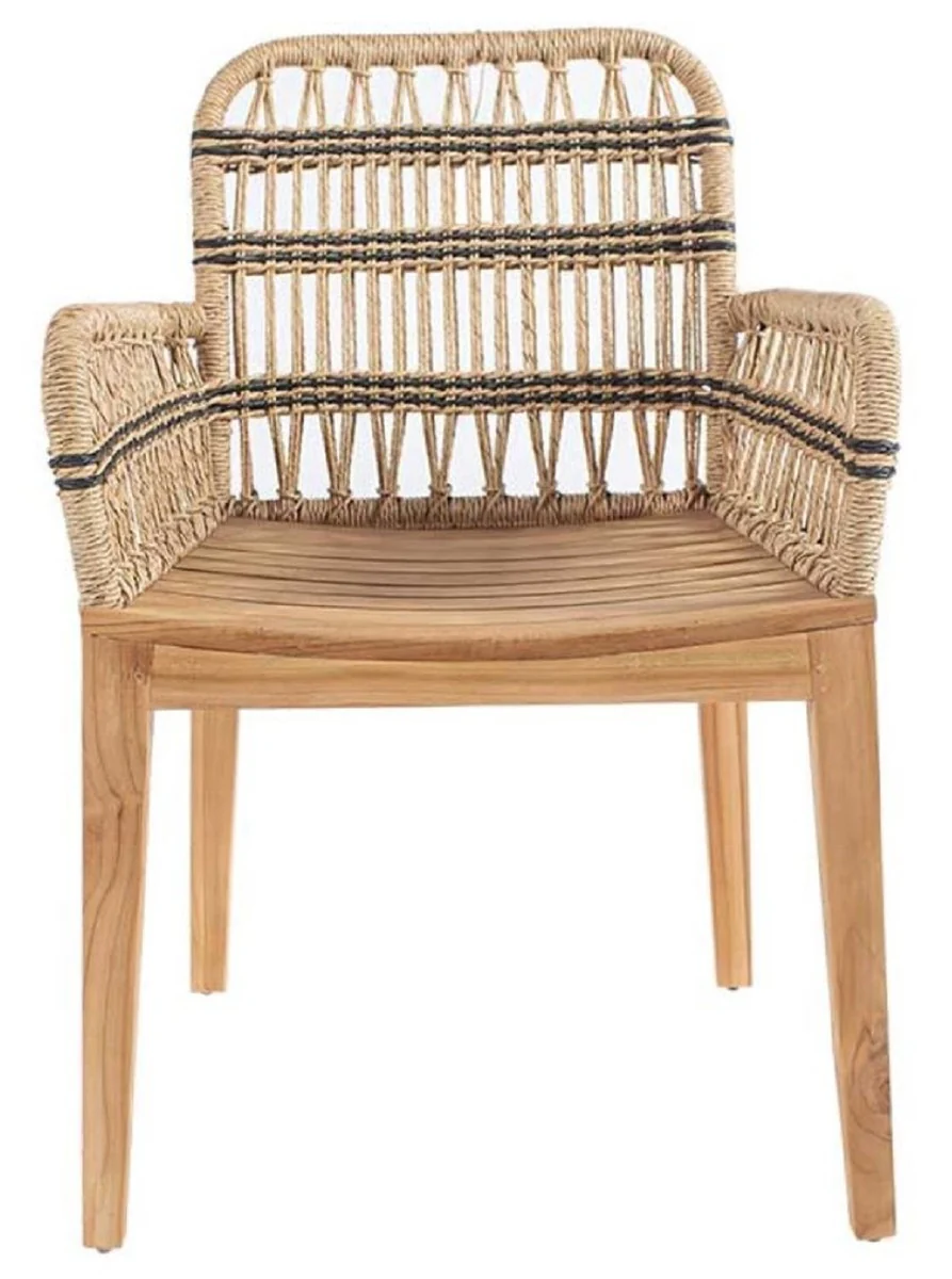 Casa Padrino silla de comedor de lujo con reposabrazos natural / negro 60 x 50 x A. 85 cm - Silla de jard¨ªn de lujo de madera maciza con tejido de rat¨¢n - Muebles de comedor de lujo
